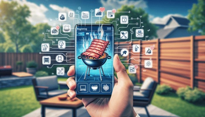 Best BBQ Apps for Recipe Tracking: A novice using a BBQ app on a smartphone to grill ribs in a backyard setting.