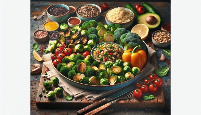 Colorful array of fresh vegetable side dishes on a rustic table, showcasing nutritional appeal.