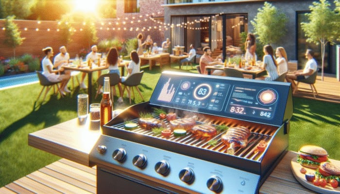 Top Smart Timers for BBQ Precision: High-tech BBQ grill with smart timer display in modern backyard, people enjoying grilled meats on sunny day.