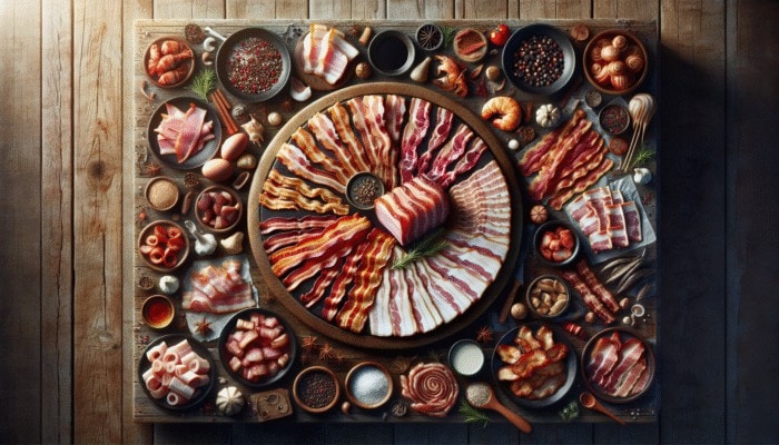 A display of different bacon types on a rustic table: thick-cut, applewood smoked with seafood, peppered with chicken.