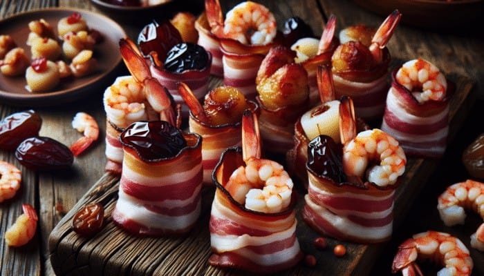 Assorted appetizers wrapped in crispy bacon, including shrimp, scallops, and dates, on a rustic wooden table.