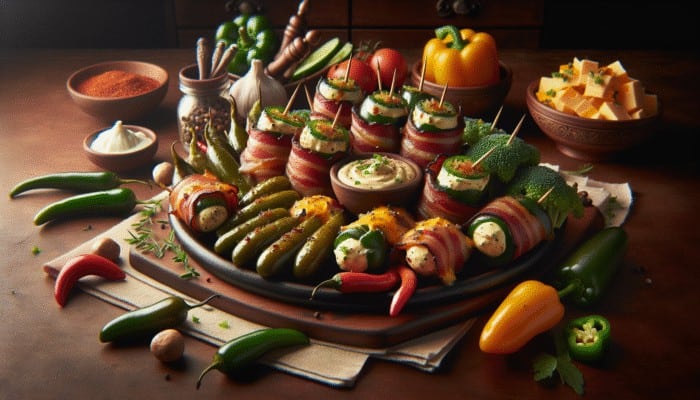 Platter of bacon-wrapped jalapeños, water chestnuts with creamy cheese, and cheddar-wrapped vegetables with herbs.