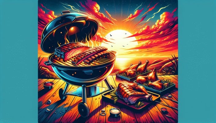 How to Season Meat for Your First BBQ: Juicy spare ribs, tender baby back ribs, and succulent brisket on a BBQ grill under a summer sunset.