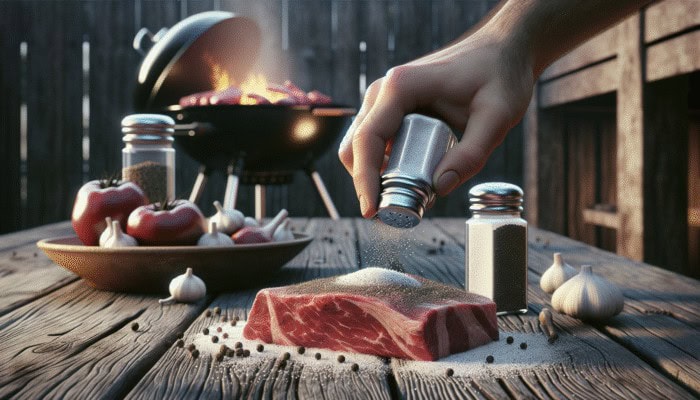 Hand seasoning large meat cut with kosher salt and fresh black pepper on rustic table, BBQ grill background.