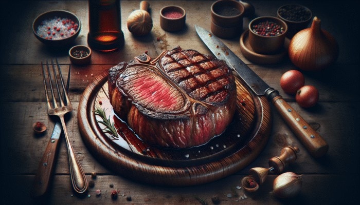 Mastering the Reverse Sear for Perfect Steaks: Juicy steak with pink center and caramelized crust on a rustic wooden table with utensils.