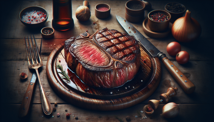 Mastering the Reverse Sear for Perfect Steaks: Juicy steak with pink center and caramelized crust on a rustic wooden table with utensils.