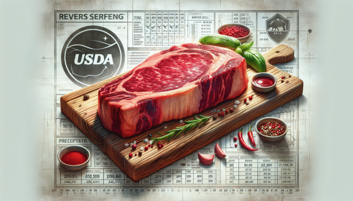 Prime beef steak with rich marbling on a wooden board, USDA stamp in background.