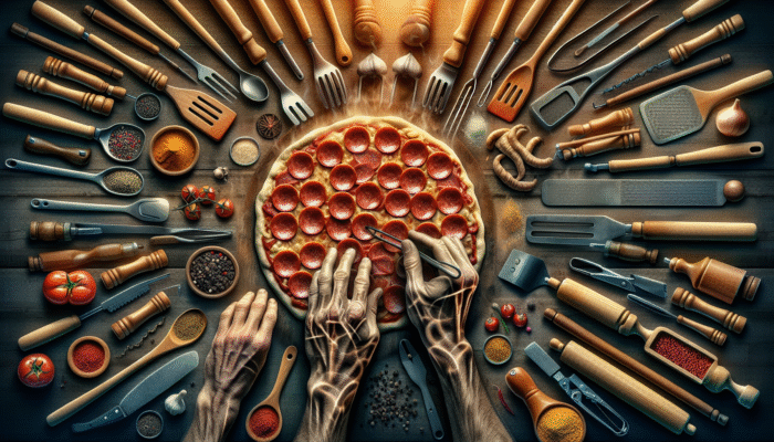 Hands arranging pepperoni on dough with BBQ tools and spices, smoky grill in background, evening light.