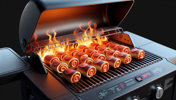Pepperoni rolls on grill, indirect heat at 350°F, mimicking oven baking, preserving moisture.