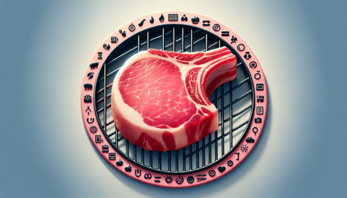 How to Grill Thick-Cut Pork Chops Perfectly: A vibrant pink pork chop with marbling on a grill, from a heritage Berkshire pig at a local farm.