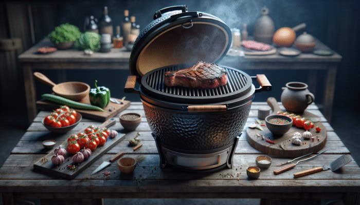 Why Kamado Grills Are Worth The Investment: A kamado grill on a patio grilling a perfect steak with a seared crust and juicy interior.