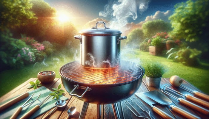 Using a Smoke Pot for Small Grills: Stainless steel smoke pot on grill, emitting smoke, surrounded by tools, in vibrant outdoor scene.