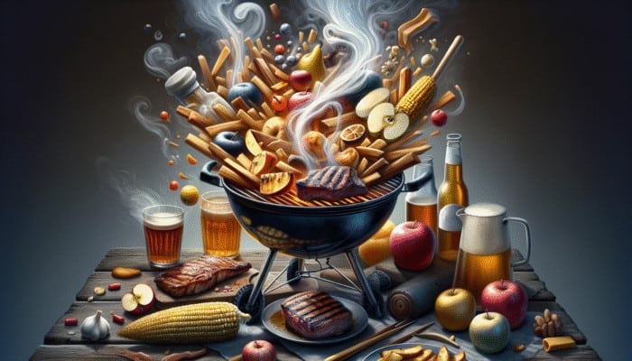 Wood chips soaking in various liquids, surrounded by smoke, with grilled foods on a small grill.