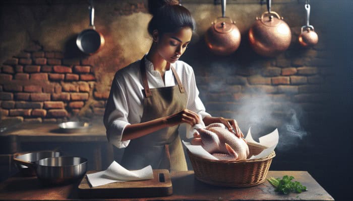 A chef selecting and preparing a fresh, organic chicken for smoking to achieve crispy skin.