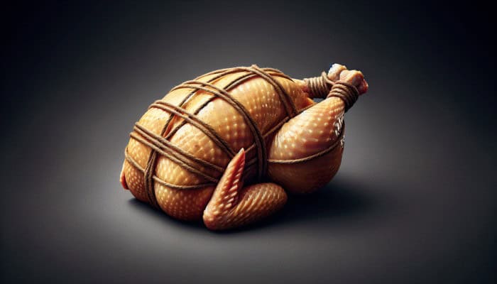 A trussed chicken ready for even cooking, showcasing a compact shape and promising crispy, golden skin.