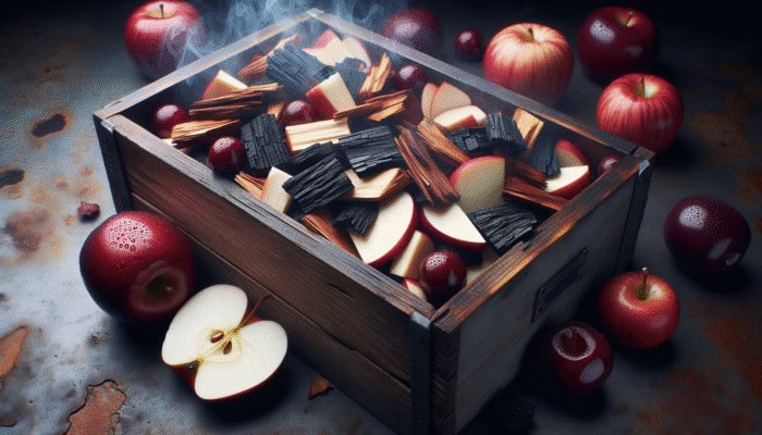 Soaked apple and cherry wood chips in a rustic smoker box, ready for smoking chicken.