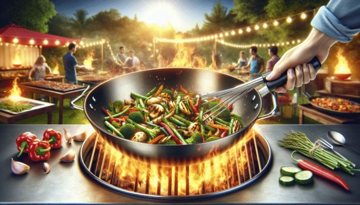 Stainless steel grill wok with stir-fried vegetables, showcasing even heat distribution, at an outdoor barbecue.