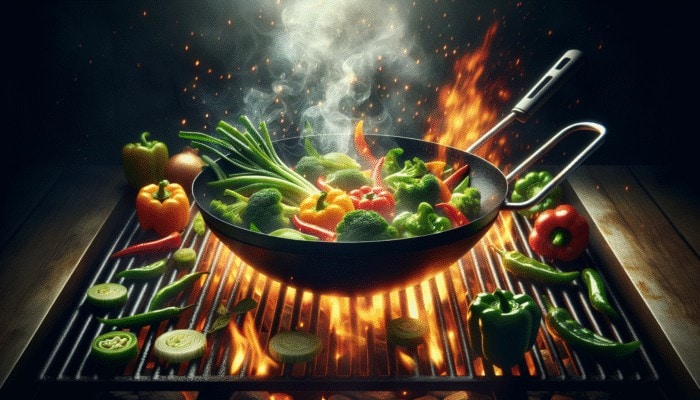 A hot wok on a grill with bell peppers and broccoli, ready for high-heat stir-frying.