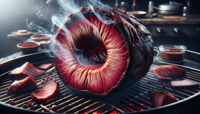 A close-up of smoked meat with a vivid red smoke ring, on a smoking grill.