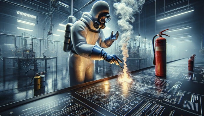 Person using smoke ring enhancer with safety gear in industrial setting.