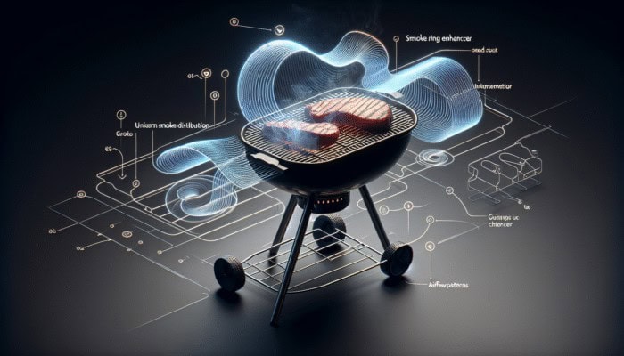 A smoke ring enhancer on a grill, positioned near but not over the heat source, ensuring even smoke distribution around the meat.