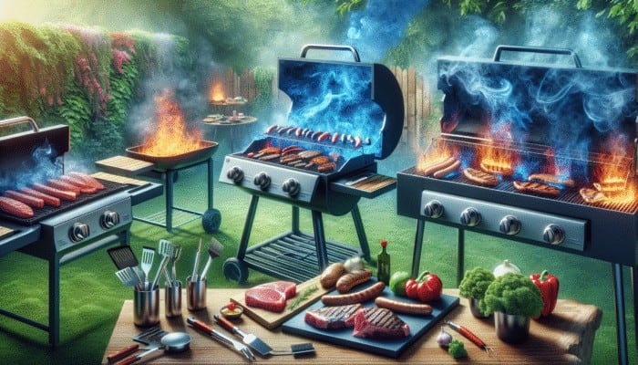 Charcoal, gas, and electric grills on a lush backyard patio, ready for BBQ with tools and meats.