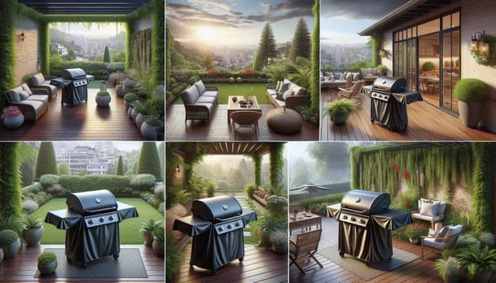 Various grills in different outdoor settings: large in backyard, medium on patio, compact on balcony, all covered.