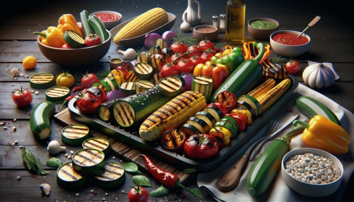 A colorful BBQ with grilled vegetables like zucchini, peppers, and corn, marinated for flavor.