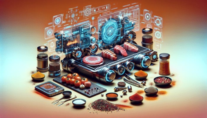 How to Use BBQ Flavor Scanners: Futuristic BBQ setup with high-tech flavor scanners analyzing grilled meats, enhancing grilling with precision and creativity.
