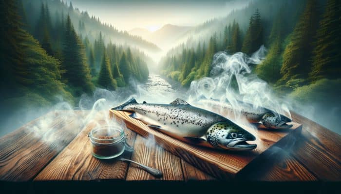 Using Cedar Wood for Seafood Smoke Flavor: Salmon smoking on Western Red Cedar plank, with sweet smoke, in Pacific Northwest forest.