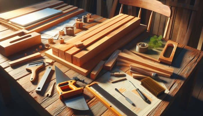 Cedar wood planks on a rustic table with smoking preparation tools under sunlight.