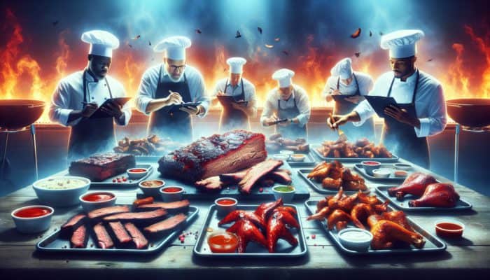 How to Create a BBQ Competition Menu: Judges at a BBQ competition evaluating beef brisket, pork ribs, and marinated chicken.