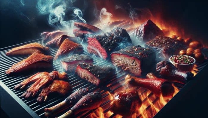 BBQ meats on grill, coated in rubs and marinades, with smoke swirling around.