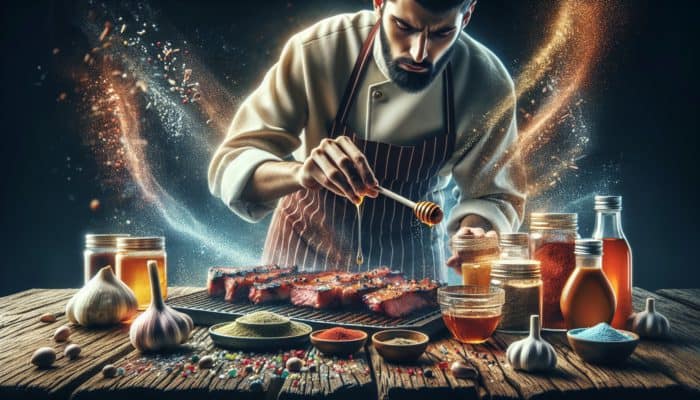 A BBQ chef balancing sweet and savory flavors on grilling meats with colorful rubs and marinades.