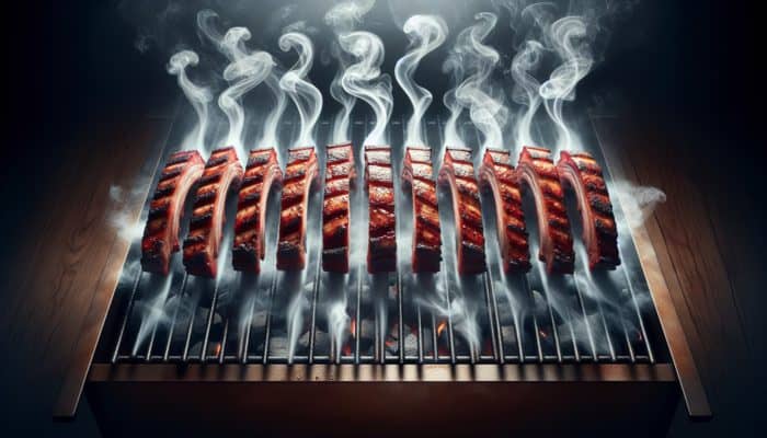 Smoked Spare Ribs with Bourbon Glaze: St. Louis-style spare ribs glazed with bourbon, sizzling on a grill, showcasing uniform shape and rich texture.