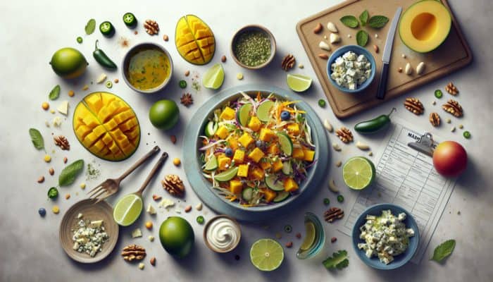 Top BBQ Competition Side Dish Trends: Vibrant coleslaw with mango, lime, blue cheese, nuts, and jalapeños, garnished with herbs.