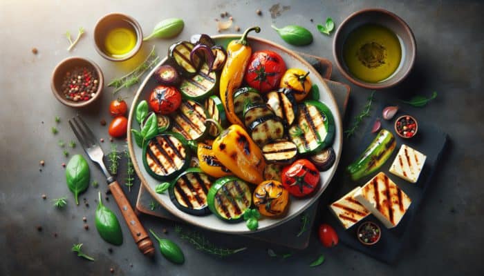 Colorful grilled vegetable platter with zucchini, bell peppers, eggplant, halloumi, and tofu, drizzled with herb-infused oil and vinegar.