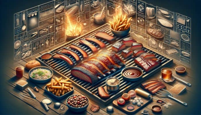 Understanding BBQ Cooking Times for Beginners: A succulent BBQ feast with marbled brisket and glazed ribs on a rustic grill.