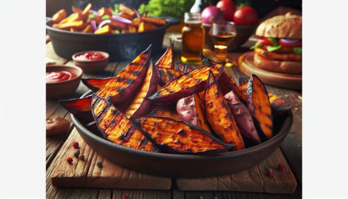Smoked Sweet Potato Wedges: Smoked sweet potato wedges with crispy exterior and soft interior on a rustic table at a vibrant cookout.