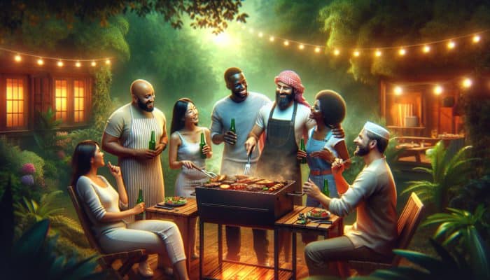 Top Beginner-Friendly BBQ Communities Online: A diverse group of BBQ enthusiasts sharing tips around a large grill in a lush, inviting setting.