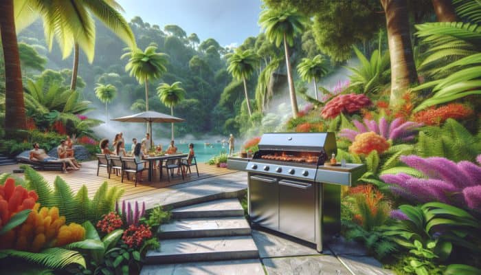 How to Reduce BBQ Grill Rust Waste: A modern stainless steel grill on a patio, surrounded by greenery and flowers, with people enjoying a barbecue.