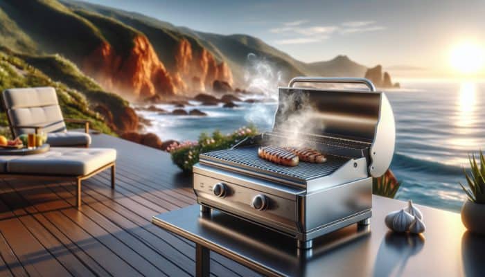 A modern aluminum grill on a coastal patio, resisting rust with steam rising from grilled food.