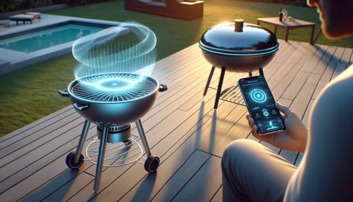 How to Use BBQ Data Trackers: High-tech BBQ data tracker on grill, smartphone app showing temperature and humidity, user relaxing in patio chair.