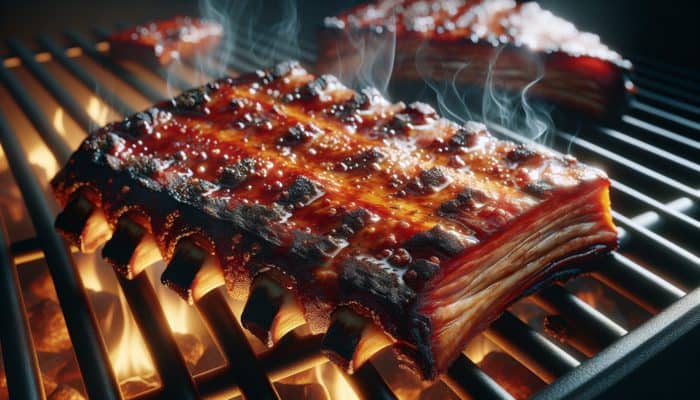 How to Make a Sweet BBQ Rub: Close-up of BBQ ribs with caramelized brown sugar crust, under golden grill lights with savory smoke.