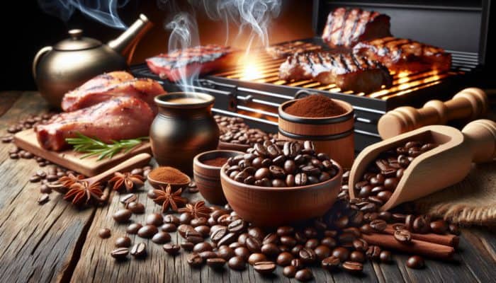 How to Make a Coffee-Based BBQ Rub: Close-up of Arabica coffee beans with rich texture and varied brown shades, beside a sizzling BBQ grill with seasoned meats.