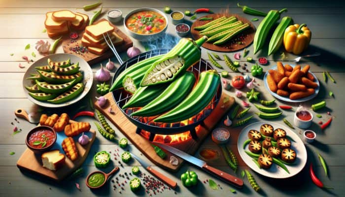 Grilled Okra With Smoked Paprika: A vibrant green okra pod, grilled and sliced open, surrounded by Southern dishes like gumbo and fried okra.
