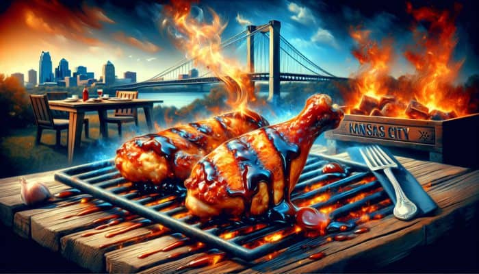 Best Sauces for BBQ Competition Chicken: Glossy, syrupy Kansas City BBQ sauce caramelizing on grilled chicken, creating a sticky, sweet glaze with smoky undertones.