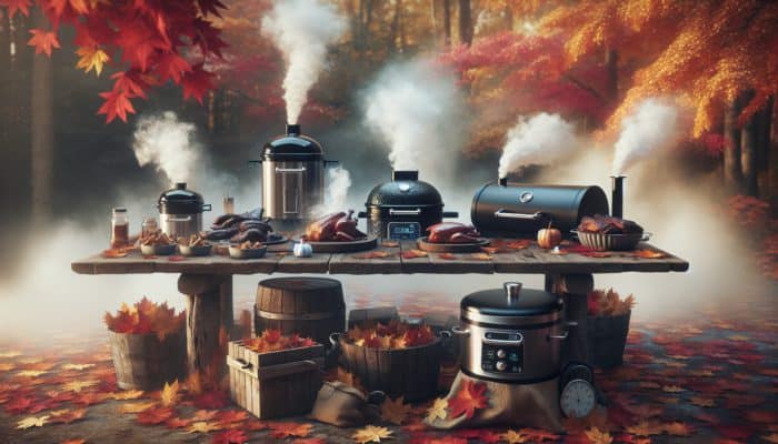 How to Smoke a Whole Turkey Evenly: Electric, charcoal, and pellet smokers on a rustic table with autumn leaves background.
