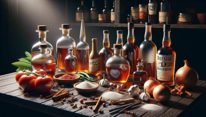 How to Make a Bourbon BBQ Sauce: Bottles of Buffalo Trace and Maker's Mark on a rustic table with BBQ sauce ingredients, showcasing caramel, vanilla, cinnamon, and nutmeg.