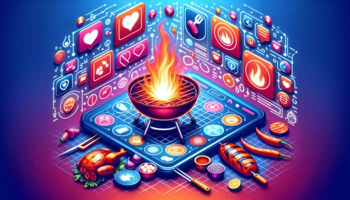A vibrant social media interface with popular BBQ hashtags and user engagement.